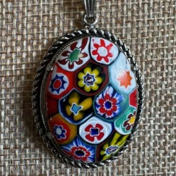 Murano Glass Millefiori Oval Pendant Necklace with Chain - Picture 1 of 3